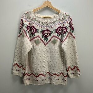 Vintage Cottagecore Sweater Boaz Embroidered Knit Cream Grannycore Roses 90s